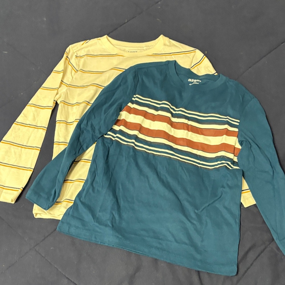 Bundle of Old Navy Kids Long Sleeve Tees - Teal, Yellow, and Brown Stripes